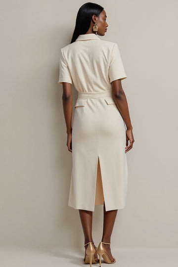 Sheath Ivory Notched Lapel Single Breasted Work Dress